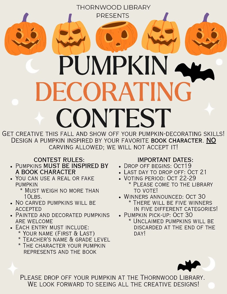 A flyer with pumpkins and bats, "Pumpkin Decorating Contest" at Thornwood Library. Contest rules and dates include drop-off, voting, and pumpkin pick-up.
