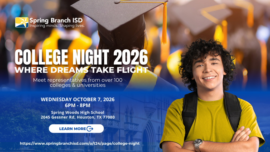 An ad for College Night 2026 features a smiling young man with curly hair, yellow shirt, and a backpack.