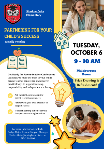 Flyer with blue and yellow background shows a family workshop. Photos of adults and children with text and icons.