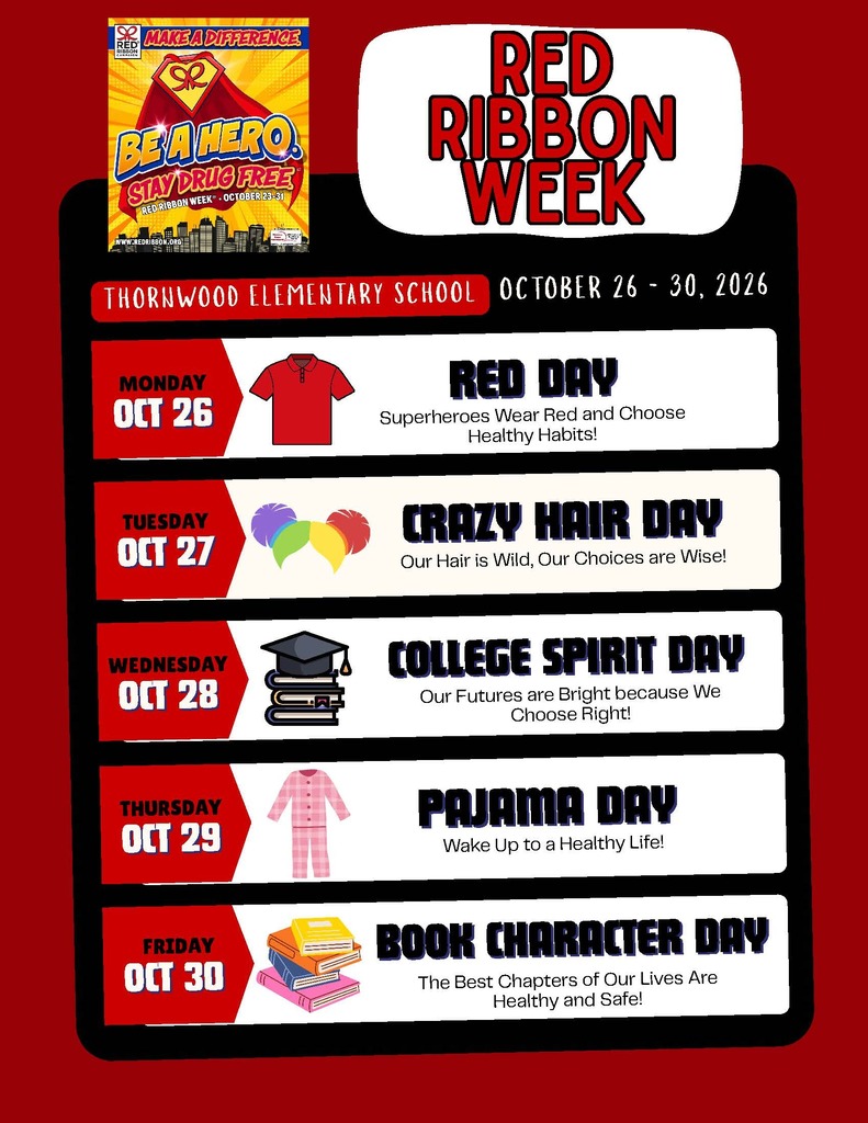 A schedule for "Red Ribbon Week" with five themed days from October 26 to October 30. Each day has a theme and illustration.