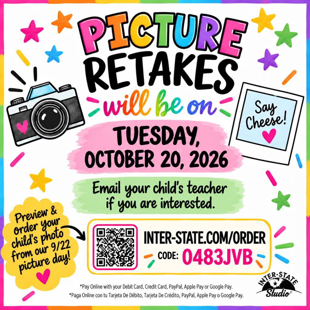 A colorful flyer features a camera, stars, and a QR code. Text reads "Picture Retakes will be on Tuesday, October 20, 2026."