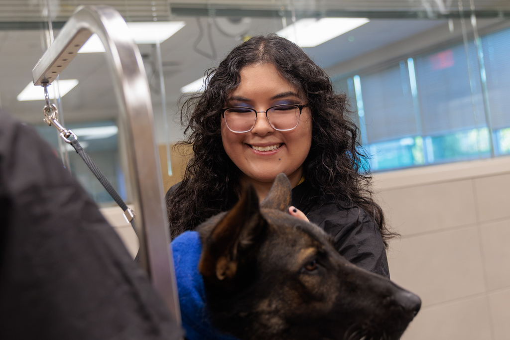 A woman wearing glasses is standing next to a dog in what appears to be a veterinary clinic.