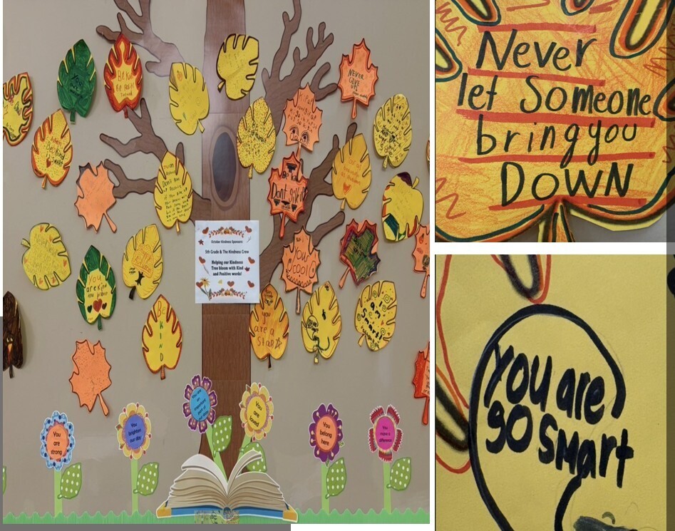 Three visuals: tree with fall leaves, open book, and messages "Never let someone bring you down" and "You are so smart".