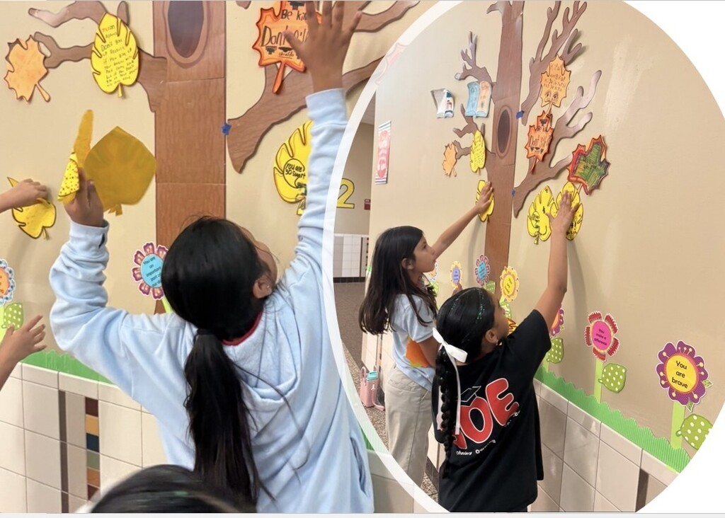 A collage of two images: students attaching leaves to a wall tree and another student reaching up.
