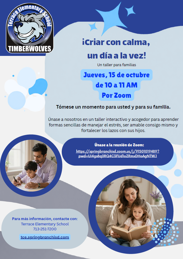 Flyer invites families to a virtual meeting on October 15th at 10 AM via Zoom. Images of a family reading together.
