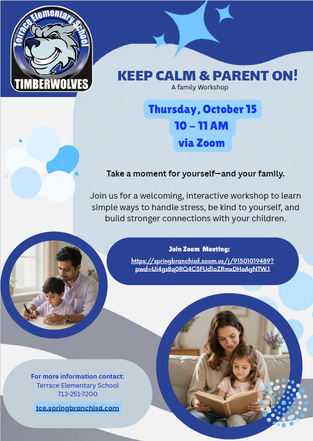 Flyer with blue and white design. It features images of a parent and child reading and a family. It also includes a meeting link.