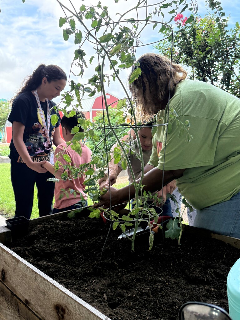 Woman and children examine plants in a raised garden bed. One woman kneels and holds a plant.