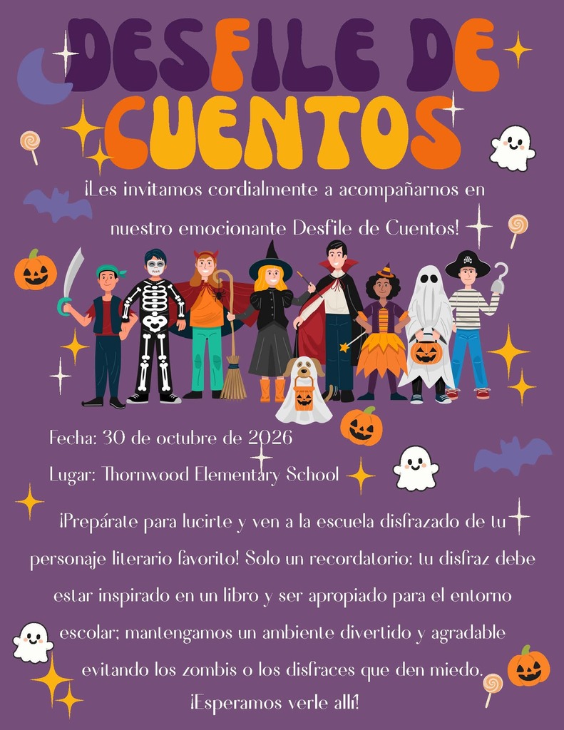 Poster in Spanish with a purple background. Text in white reads "Desfile de Cuentos" with a skeleton, ghost, witch, and other characters in costume.