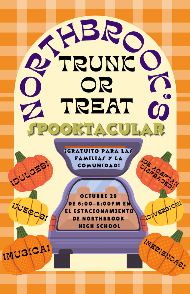 Flyer with text reading "Northbrook's Trunk or Treat Spooktacular" on an orange and white background.