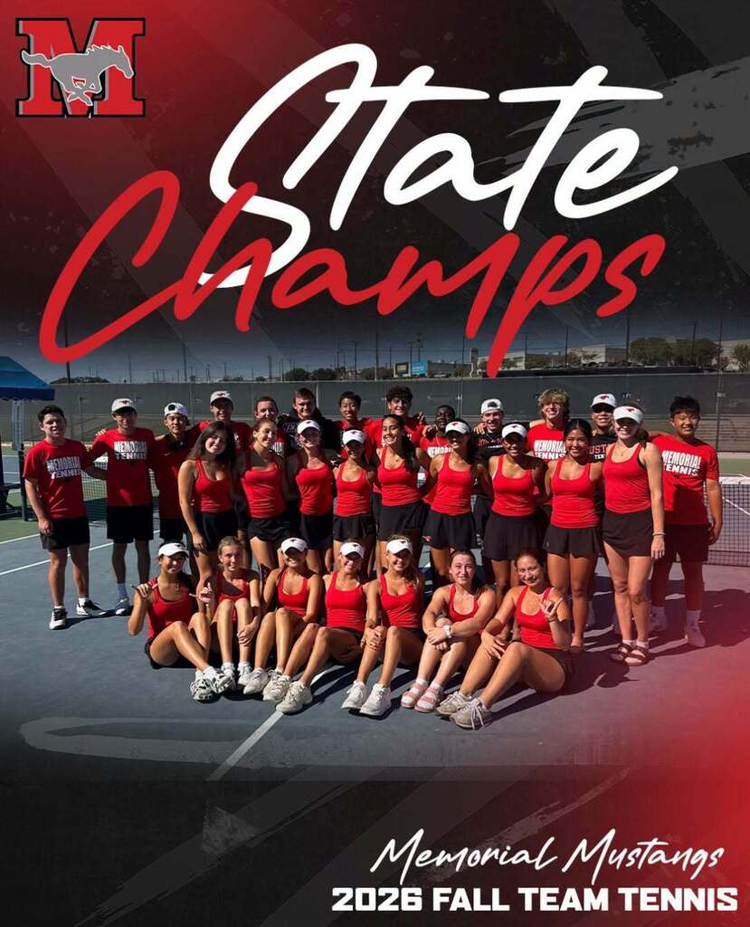 A team in red uniforms on a tennis court, some standing, others sitting, with "State Champs" and team name in background.