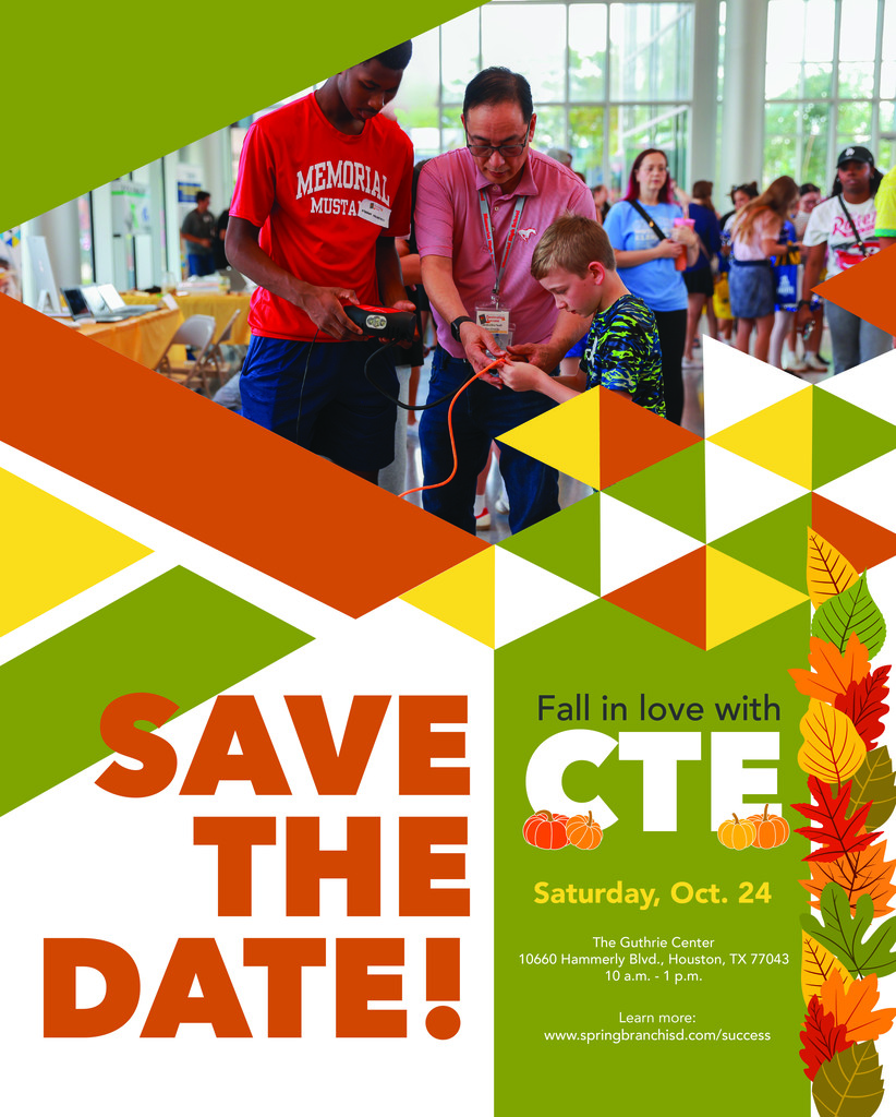 A poster with text "Save the date!" and "Fall in love with CTE" features people at an event with leaves and geometric shapes.