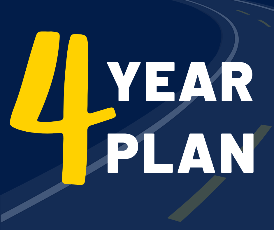 Blue road with white lines. Yellow "4" with curved lines. Text reads "4 YEAR PLAN".