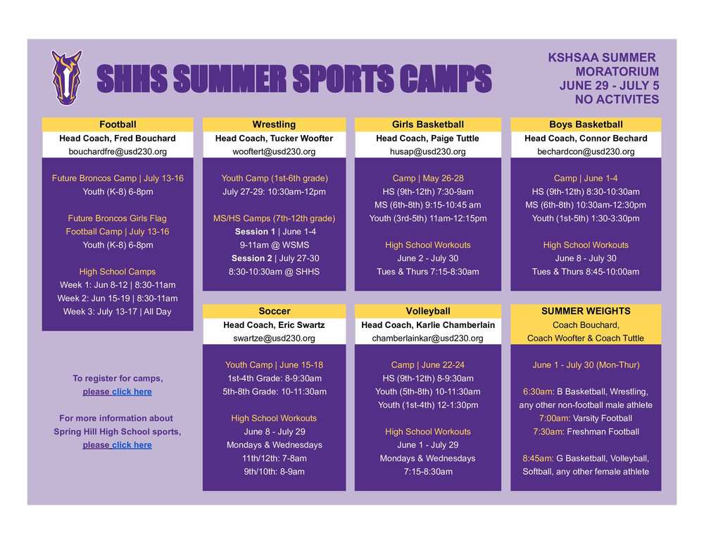 Summer Sports Camp Schedule