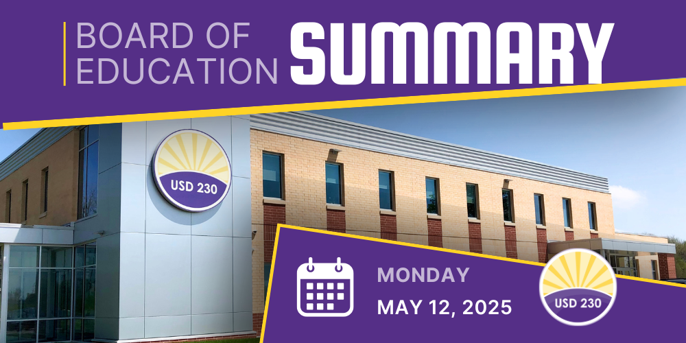 Board of Education Meeting Summary Thumbnails that shows the District Administrative building and the date of 5/13/2025