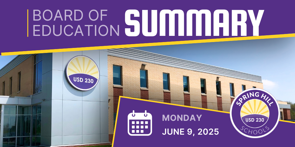 Photo of Spring Hill Schools disctrict office with text BOE Summary Monday, June 9, 2025