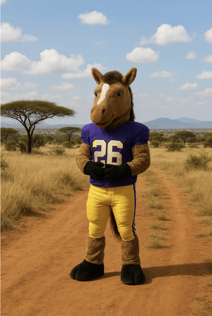 AI image of a Bronco mascot standing on a dirt road wearing a Bronco football uniform