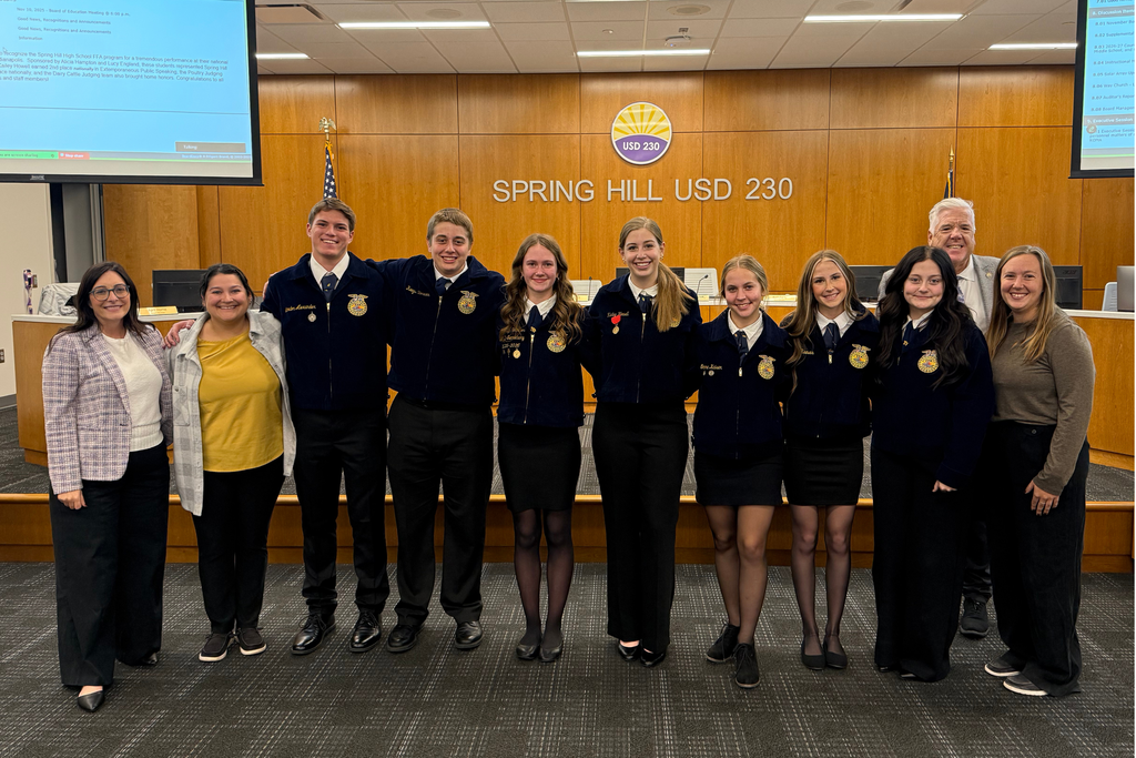 Members of the Spring Hill High School FFA team being recognized at a Board meeting alongside Board President Nicole Melius and Superintendent Dr. Link Luttrell