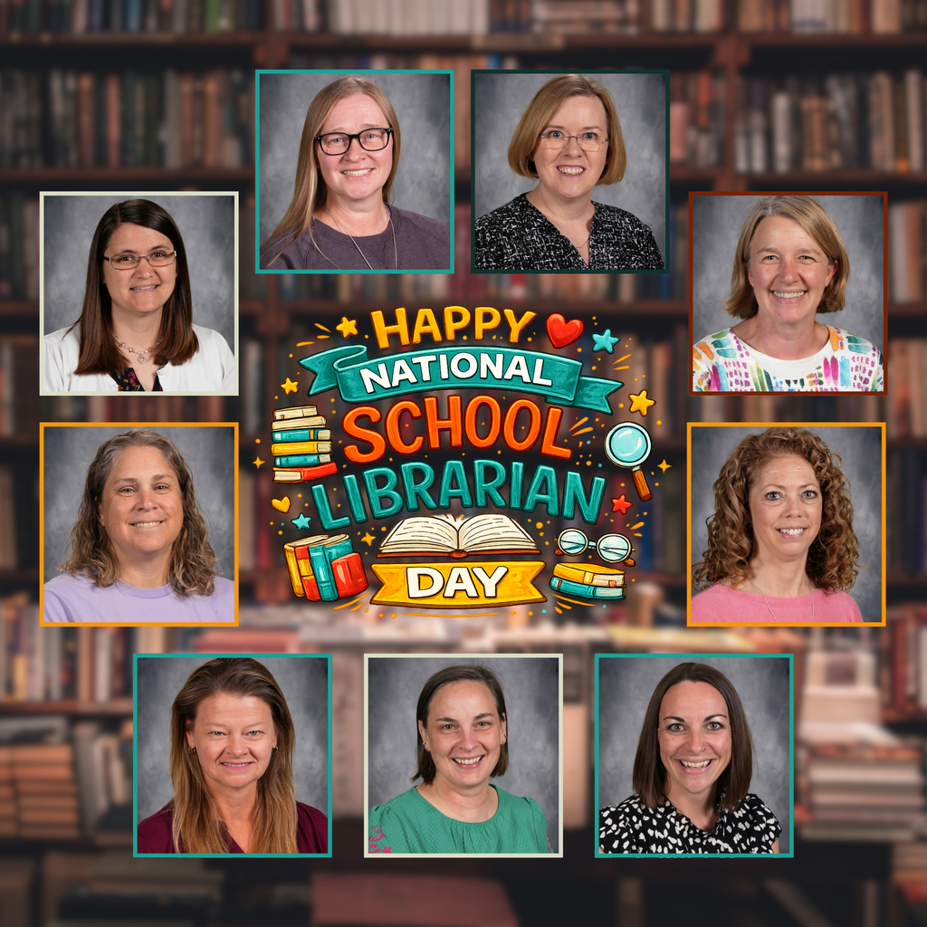 Happy National School Librarian Day with pictures of district librarians encircling