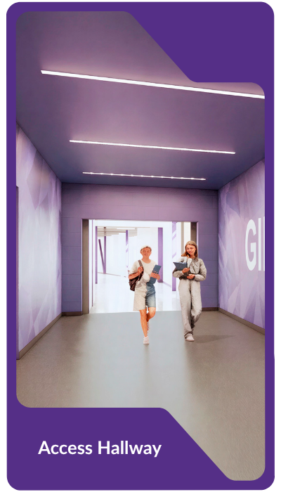 Hallway image showing purple spring hill theme that reads access halway