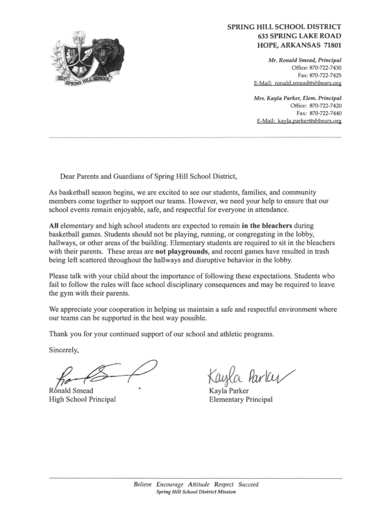 Basketball Games Letter to Parents