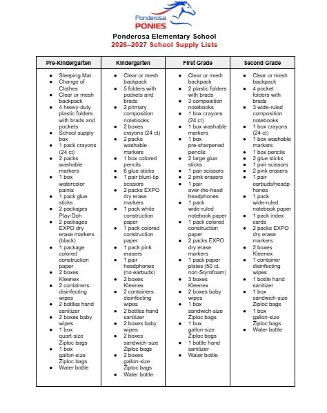 RE: Ponderosa PK-2 School Supply List 