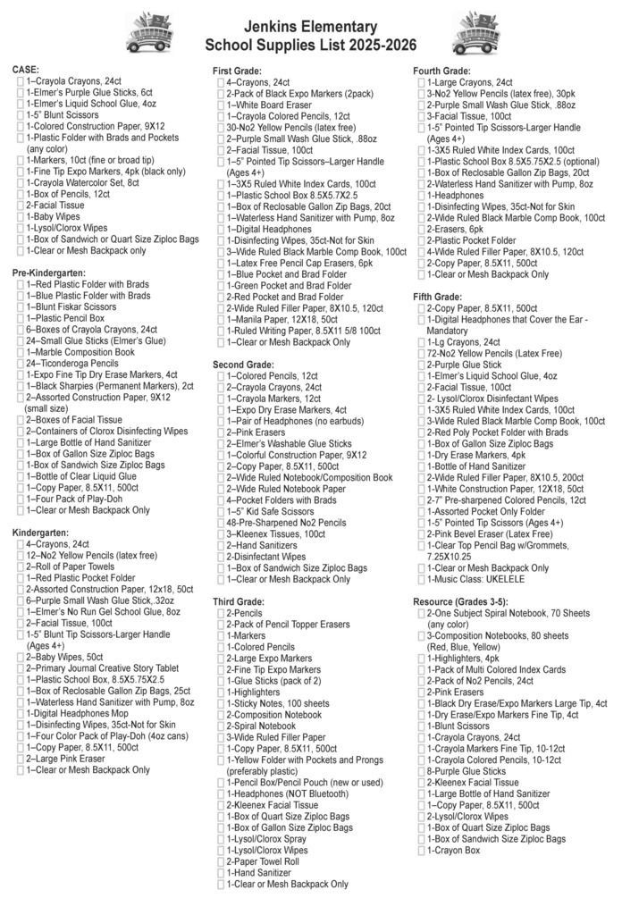 25-26 School supply list- All grade levels