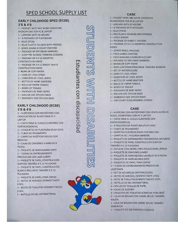 SPED school supply list
