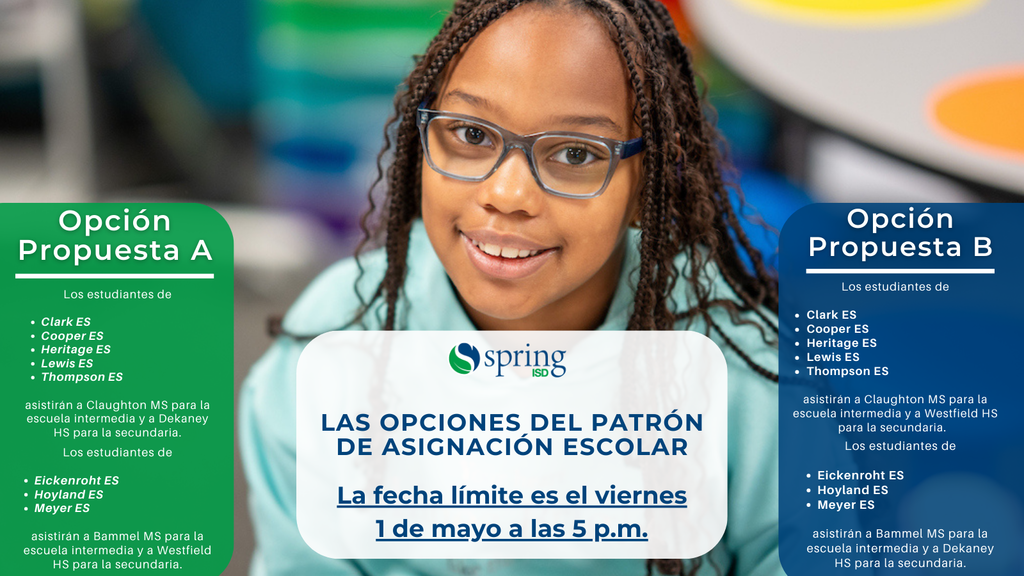 Las opciones del patrón de asignación escolar - La fecha límite es el viernes 1 de mayo a las 5 p.m.