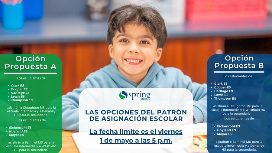Las opciones del patrón de asignación escolar - La fecha límite es el viernes 1 de mayo a las 5 p.m.