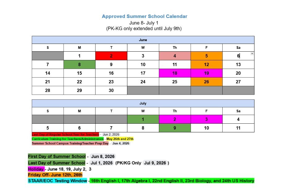 summer school calendar