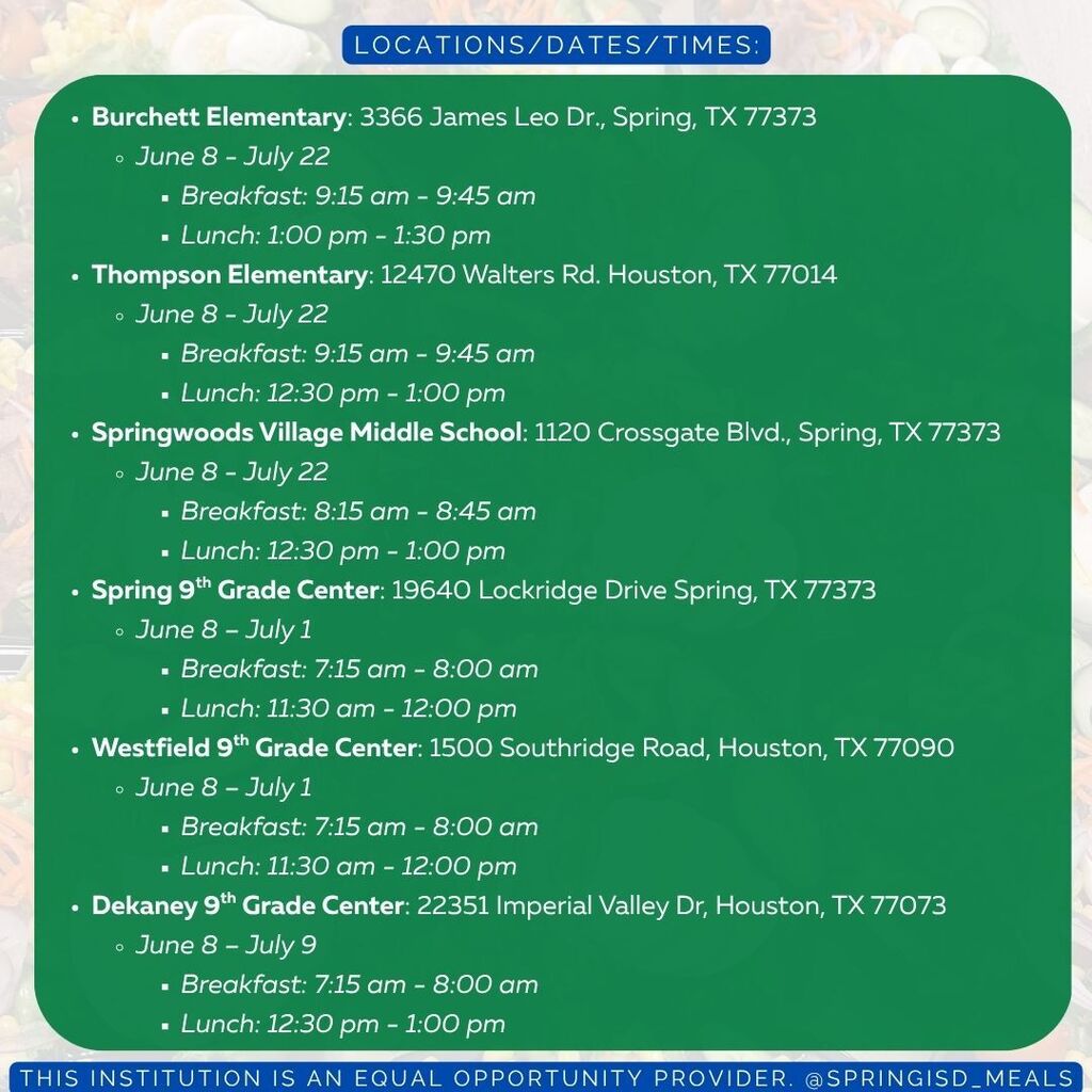 Free Summer Meals - locations, dates, times - Spring ISD