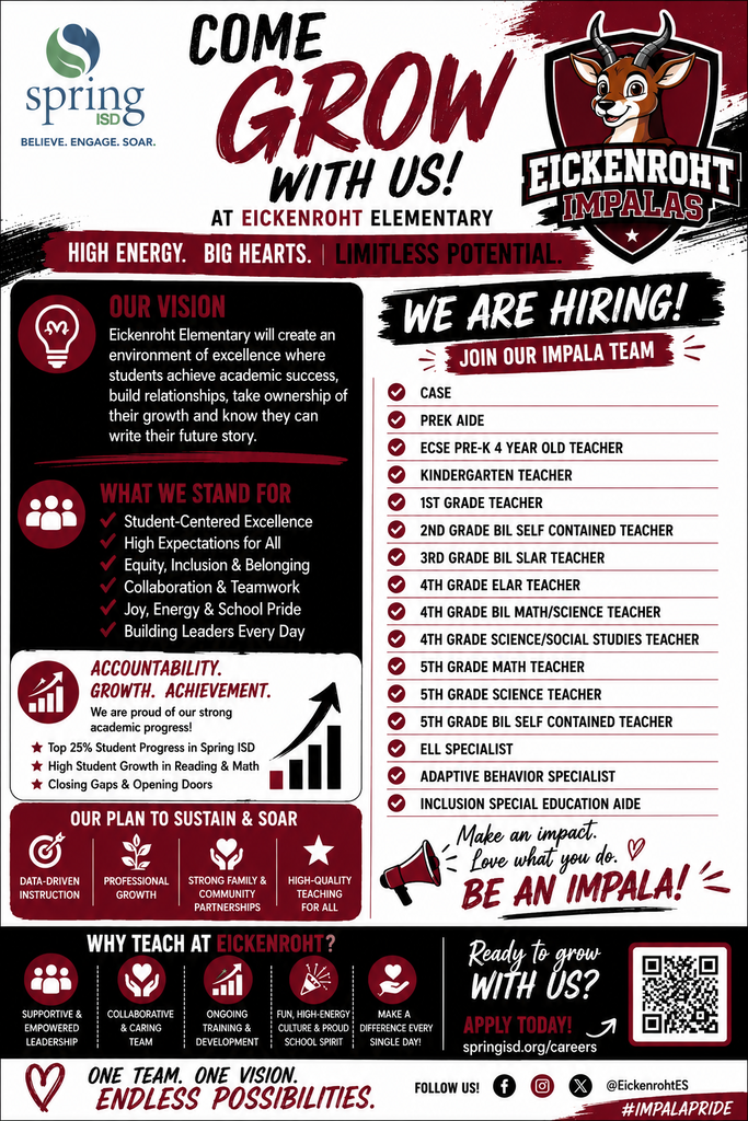 A bold and energetic teacher recruitment flyer for Eickenroht Elementary in Spring ISD in maroon, black, and white school colors. Across the top, large text reads “Come Grow With Us!” with the Spring ISD logo on the left and the Eickenroht Impalas logo on the right. A banner underneath says “High Energy. Big Hearts. Limitless Potential.”  The left side highlights the campus vision: Eickenroht Elementary will create an environment of excellence where students achieve academic success, build relationships, take ownership of their growth, and know they can write their future story. Below are values centered around student excellence, collaboration, inclusion, leadership, and school pride.  The right side features “We Are Hiring! Join Our Impala Team” followed by a list of open positions including Reading Specialist, Math Specialist, ELL Specialist, ECSE Pre-K 4 Teacher, 1st Grade Teacher, 2nd Grade Bilingual Self-Contained Teacher, 3rd Grade Bilingual SLAR Teacher, 4th Grade ELAR Teacher, 4th Grade Bilingual Mat