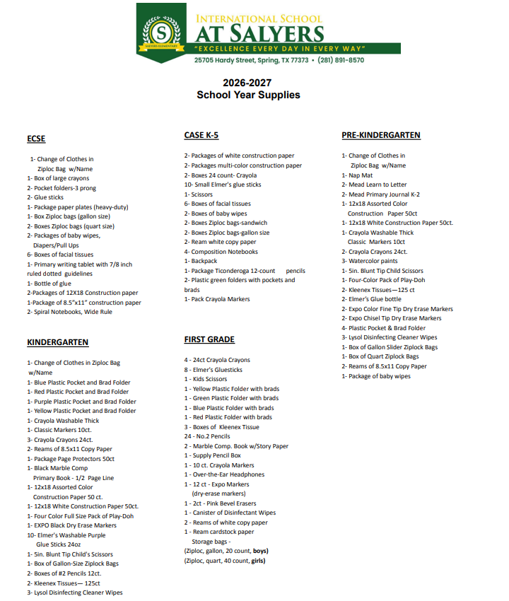 School Supply List