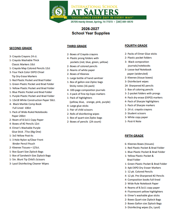 School Supply List