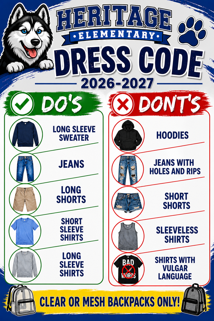 Dress code Do's : Long sleeve swearer, jeans, long shorts, short sleeve shirt, long sleeve shirts. Dress code Don'ts: hoodies, jeans with holes and rips, short shorts, sleeveless shirts, shirts with vulgar language. Clear or mesh backpacks only