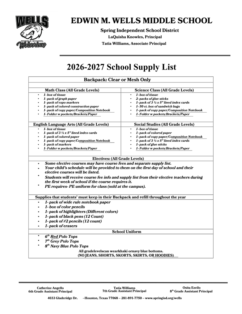 School Supply List Eng