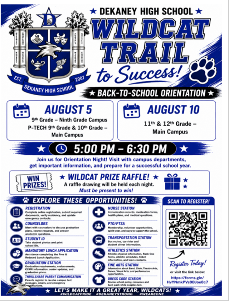 Dekaney High School Back to School Orientation  - Aug. 5 and 10, 2026