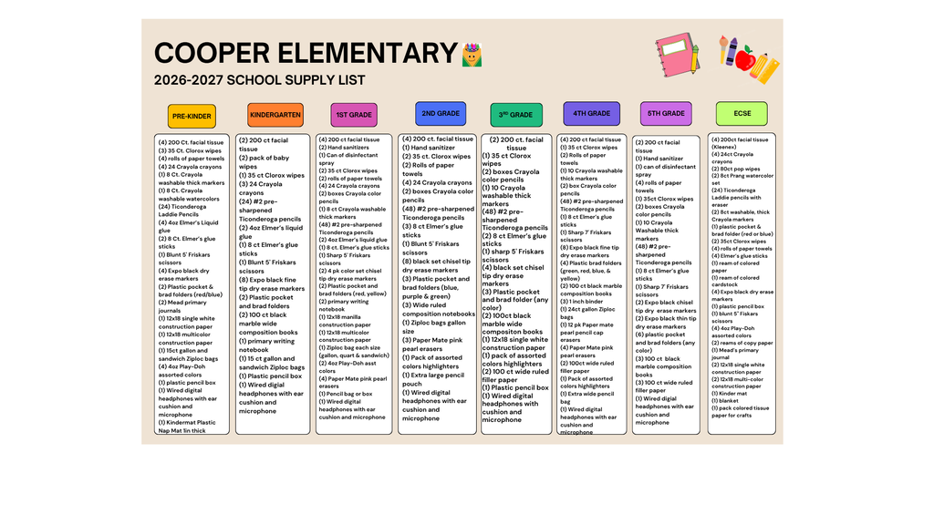 Cooper Elementary 2026-2027 School Supply List