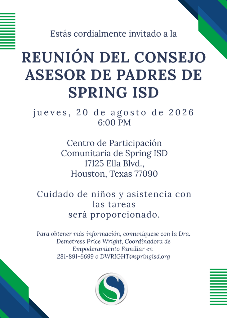 Reunión del consejo asesor de padres de Spring ISD, jueves, 20 de agosto de 2026
