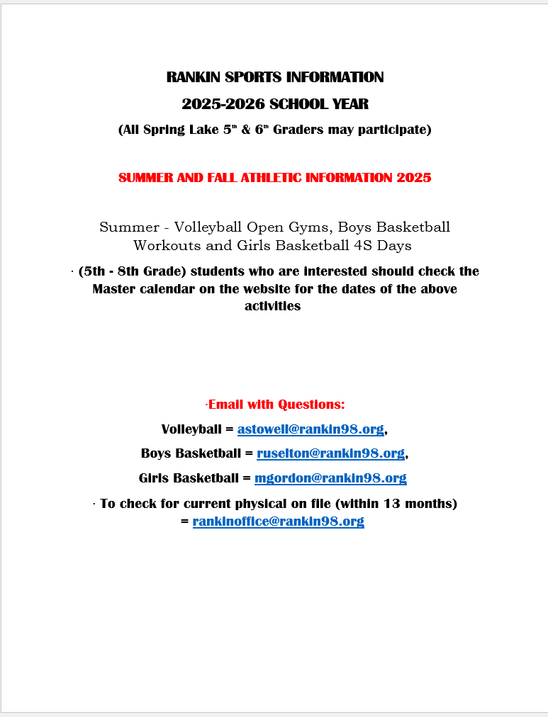 Rankin Sports information for 2025-2026 school year. 