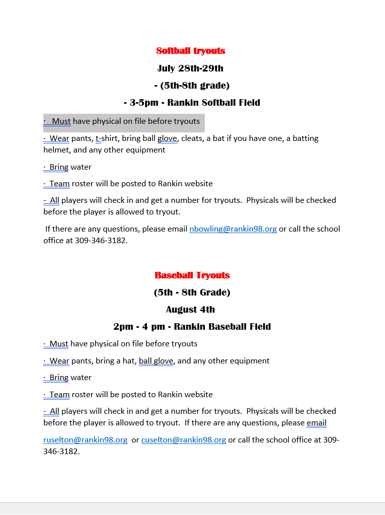 Rankin Sports information for 2025-2026 school year. 