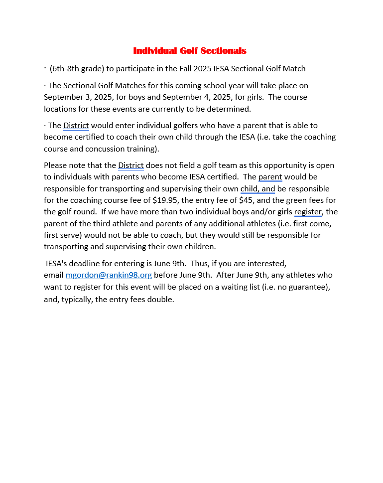 Rankin Sports information for 2025-2026 school year. 