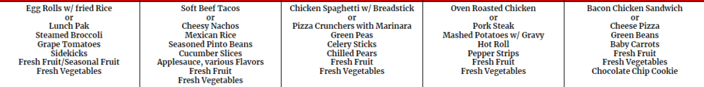 Lunch menu 1st week of March