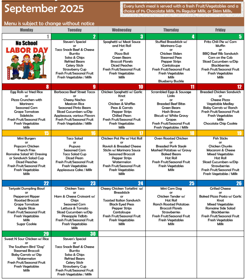 September Lunch Menu