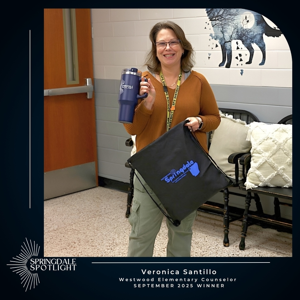 Veronica Santillo, a Westwood Elementary counselor, is the winner of this month's #SpringdaleSpotlight contest! 🎉 Her heartfelt post celebrating student leadership and teamwork at the "Howling with Pride Assembly" captured the #SpringdaleFamily spirit. Read more about her winning entry here: https://secure.smore.com/n/3rxje
