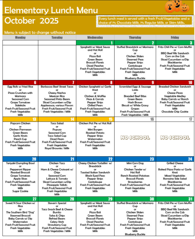 October Lunch Menu