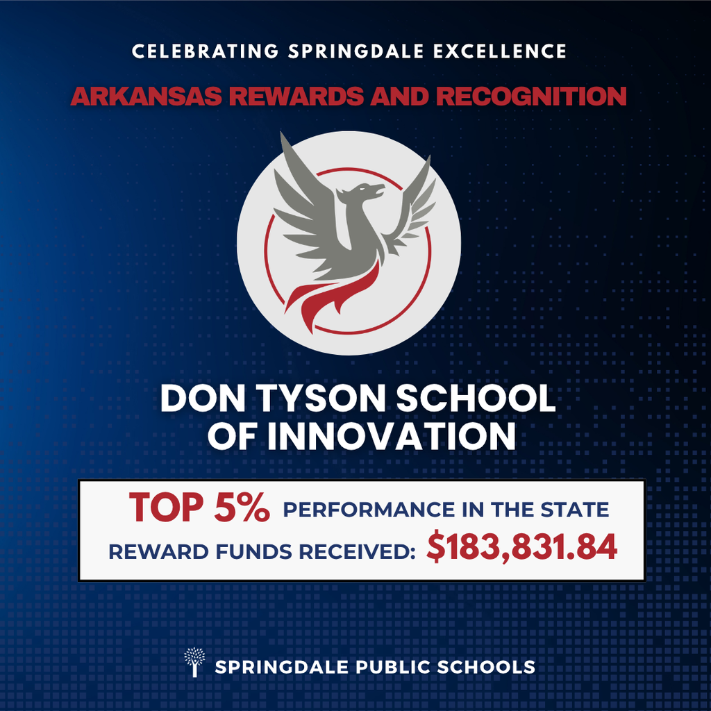 Celebrating Springdale Excellence! 🎉  The Don Tyson School of Innovation has earned state recognition in the TOP 5% for performance in Arkansas! They received $183,831.84 in reward funds! We're incredibly proud of our students, staff, and community! #SpringdalePublicSchools #DTSI #ArkansasRewards