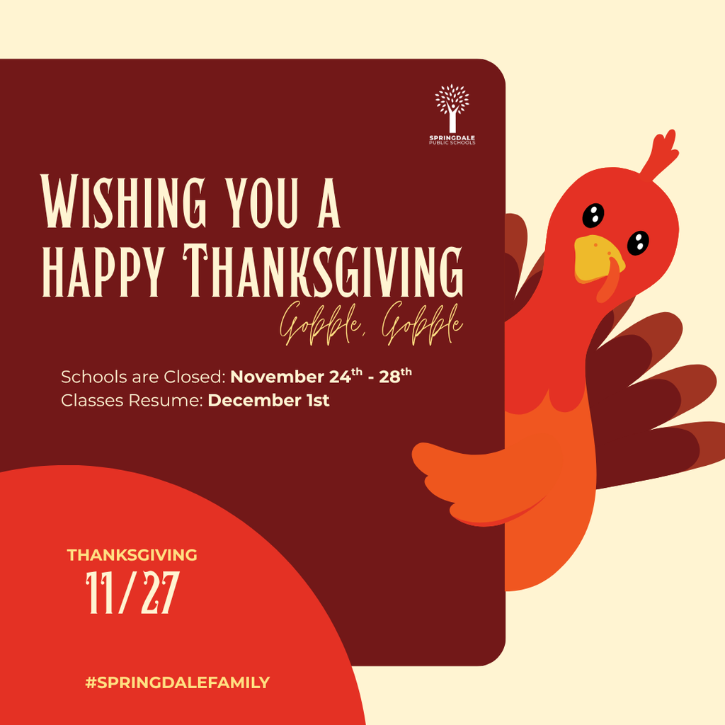 🍂 Wishing all our amazing families a wonderful and restful Fall Break! School will be closed from November 24th to November 28th. Enjoy this special time to relax, make memories, and perhaps sip some hot cocoa! We can't wait to see you back on December 1st, refreshed and ready to learn! 🧡 #SpringdaleFamily