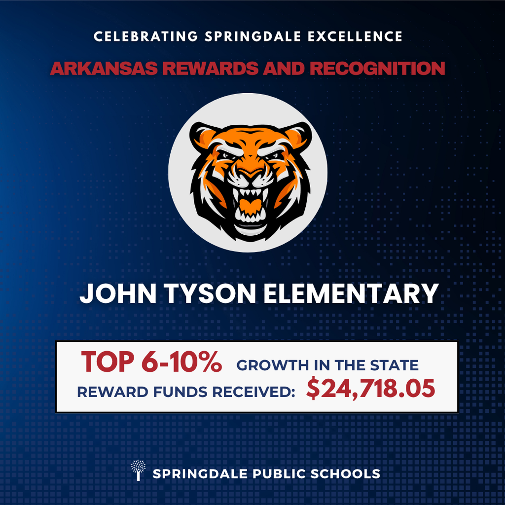 🎉 Celebrating Springdale Excellence! 🌟 John Tyson Elementary School is in the TOP 6-10% for growth in Arkansas! 🏆 They've earned $24,718.05 in reward funds! So proud of our students, staff, and community! Learn More Here: https://app.smore.com/n/9yuw1 #SpringdaleFamily #SpringdaleExcellence #SpringdalePromise #SpringdalePublicSchools #SpringdaleArkansas 📚✨
