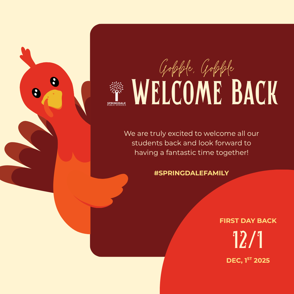 Welcome back, Springdale Family! 🎉 We're thrilled to see all our students on Monday, December 1st!🌟 Hope your break was restful and you're returning refreshed and ready to learn. What are you most excited to dive into this semester? 📚✨ #SpringdaleFamily